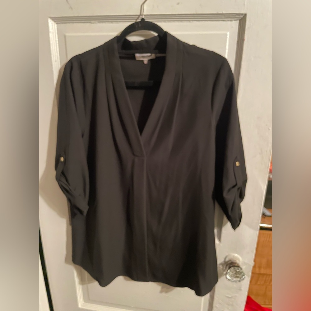 Calvin Klein Black L V-Neck Blouse 3/4 Roll Sleeve